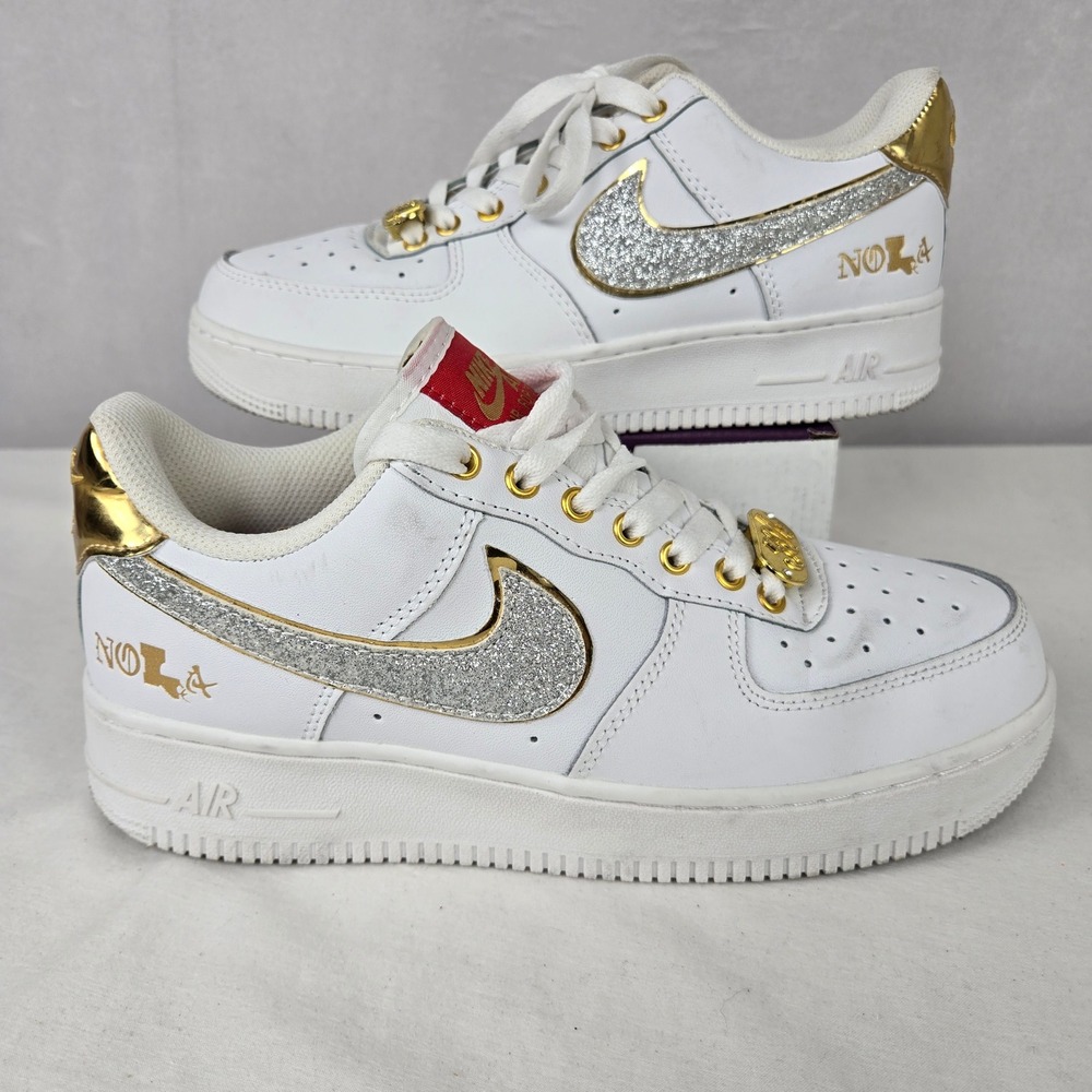 Nike Air Force 1 Low NOLA Style White Gold Silver Glitter Mens 7.5 Women 9 Saint